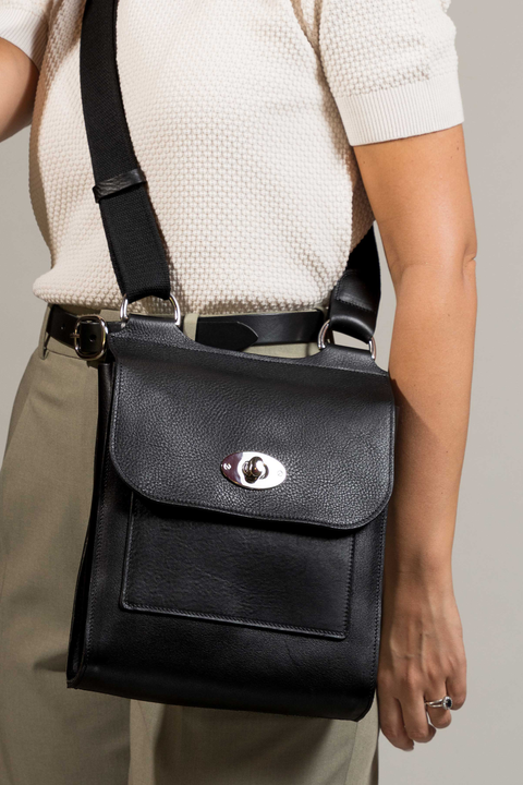 Black Leather Turnlock Shoulder Bag