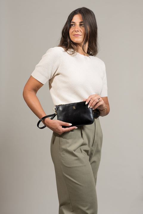 Black Leather Wristlet Bag - Roam