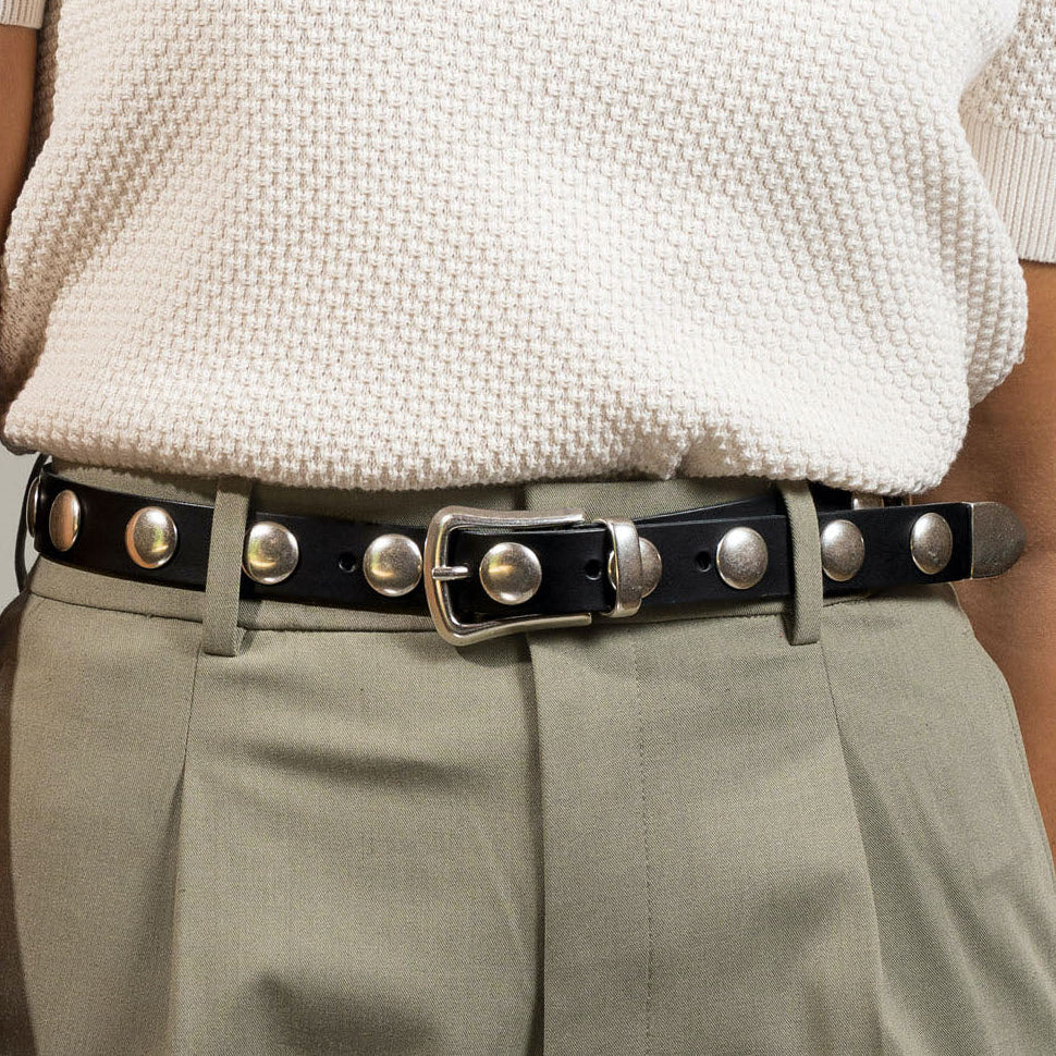 Village Leathers | Skinny Stud Belt | Slim black leather belt