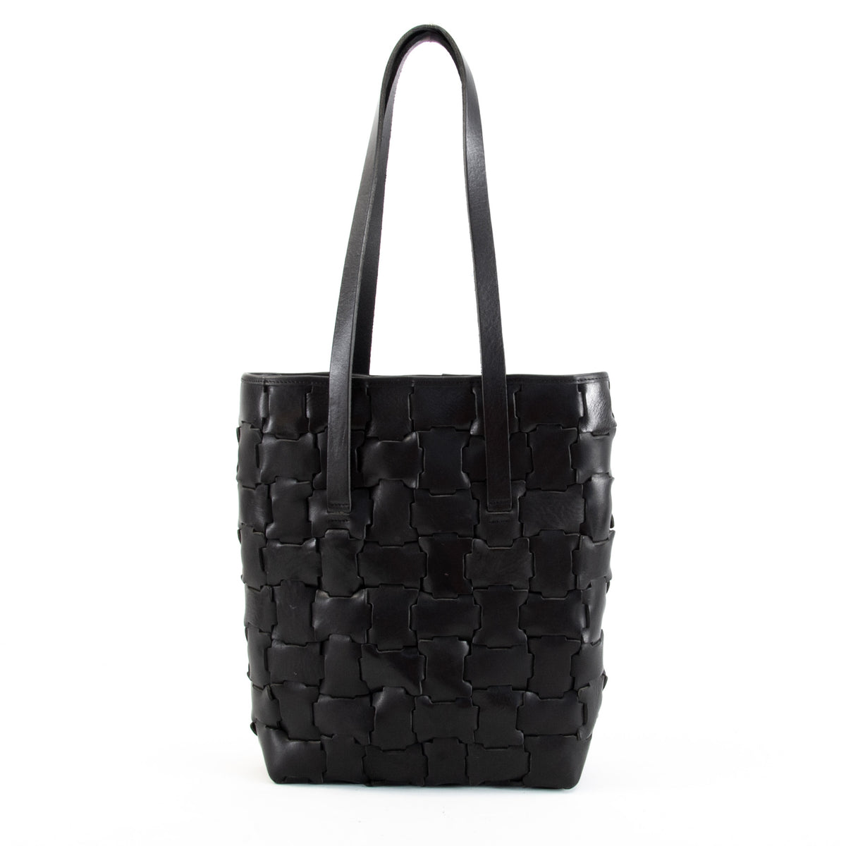 Peach Geometric Black Leather Tote Bag