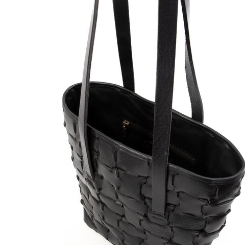 Peach Geometric Black Leather Tote Bag