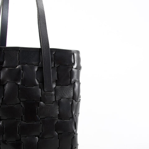 Peach Geometric Black Leather Tote Bag