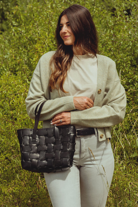 Kiwi Geometric Black Leather Mini Shopper Bag