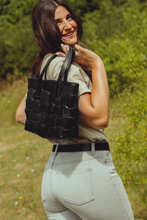 Kiwi Geometric Black Leather Mini Shopper Bag