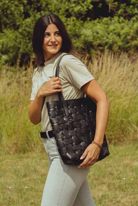 Pomelo Geometric Black Leather Book Bag