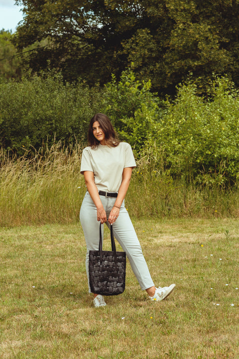 Pomelo Geometric Black Leather Book Bag
