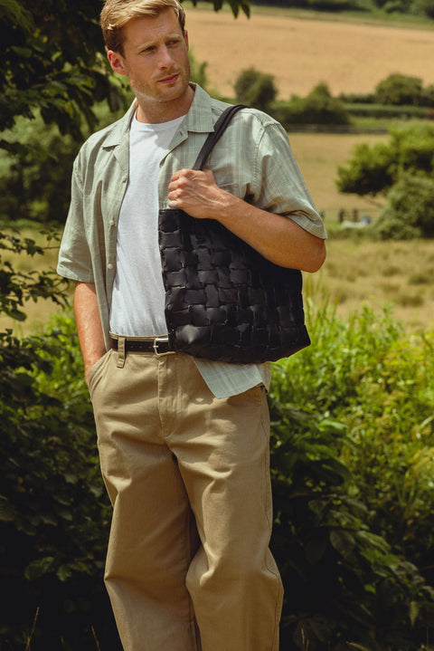 Melon Geometric Black Leather Shopper Bag