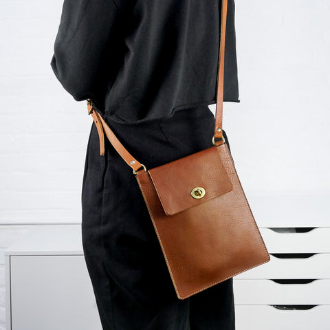 Flat Tan Leather Turnlock Bag