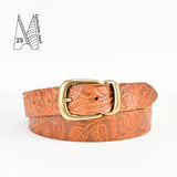 Buckle and Loop 1 1/8" Tan Tooled Leather Belt
