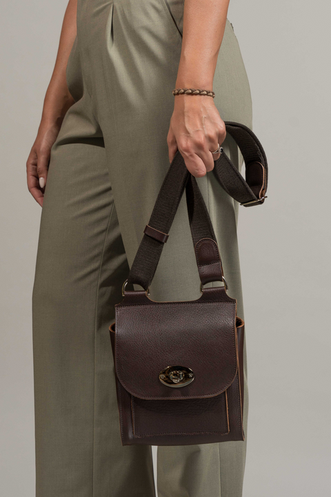 Brown Mini-Turnlock Leather Shoulder Bag