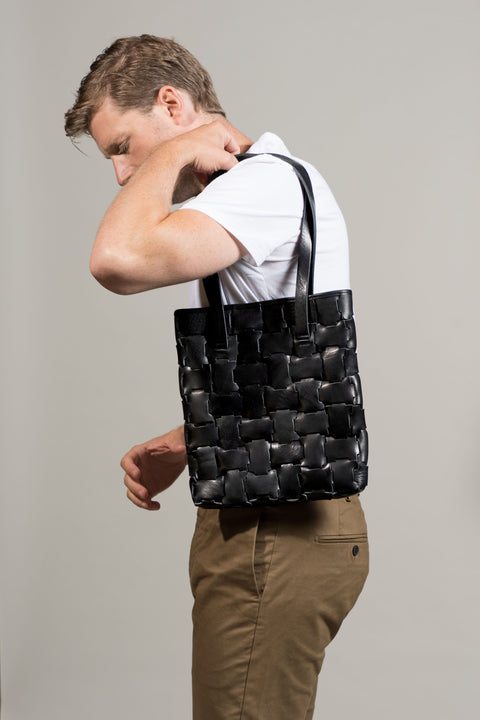 Pomelo Geometric Black Leather Book Bag