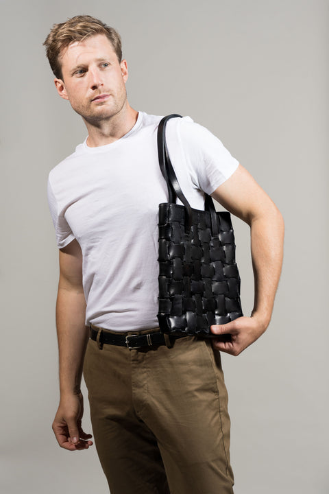 Pomelo Geometric Black Leather Book Bag