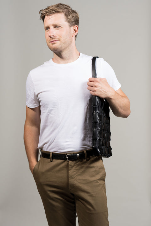 Pomelo Geometric Black Leather Book Bag