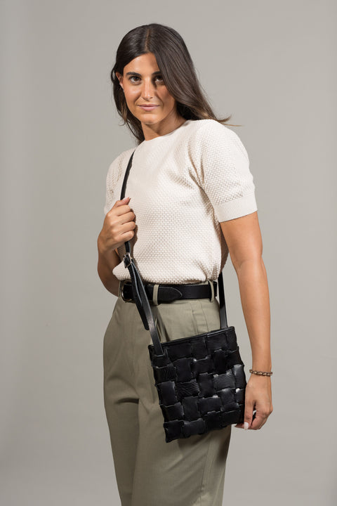 Chiku Geometric Black Leather Crossbody Bag
