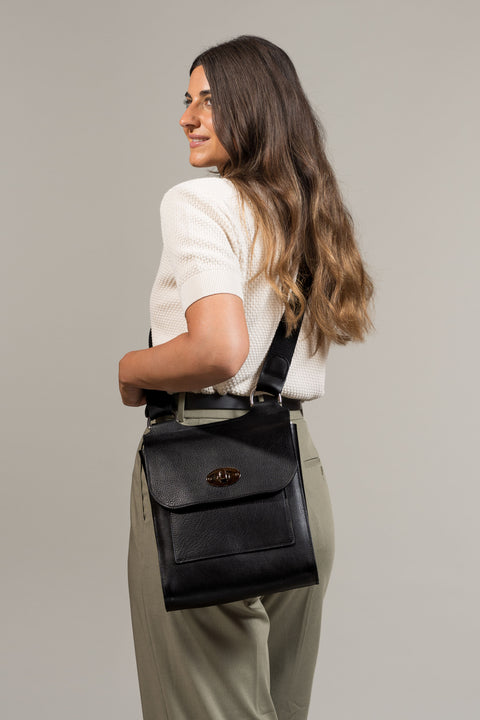Black Leather Turnlock Shoulder Bag