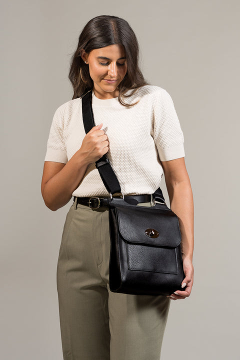 Black Leather Turnlock Shoulder Bag