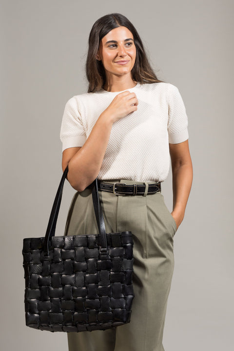 Melon Geometric Black Leather Shopper Bag