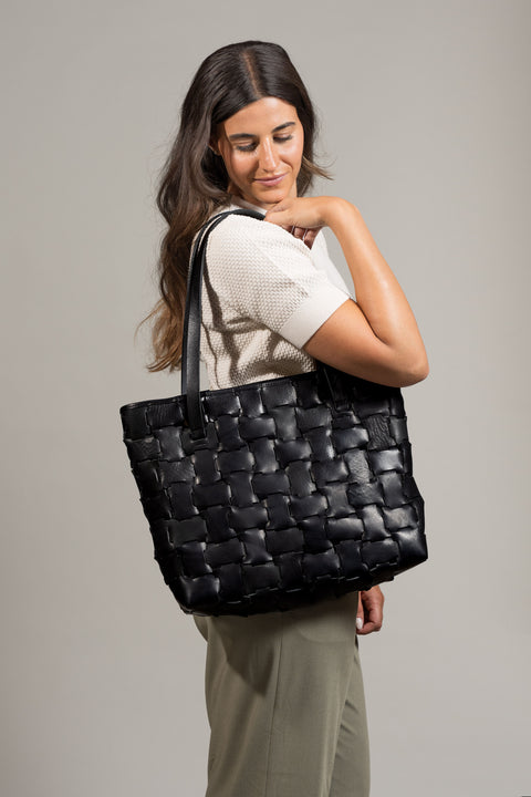 Melon Geometric Black Leather Shopper Bag