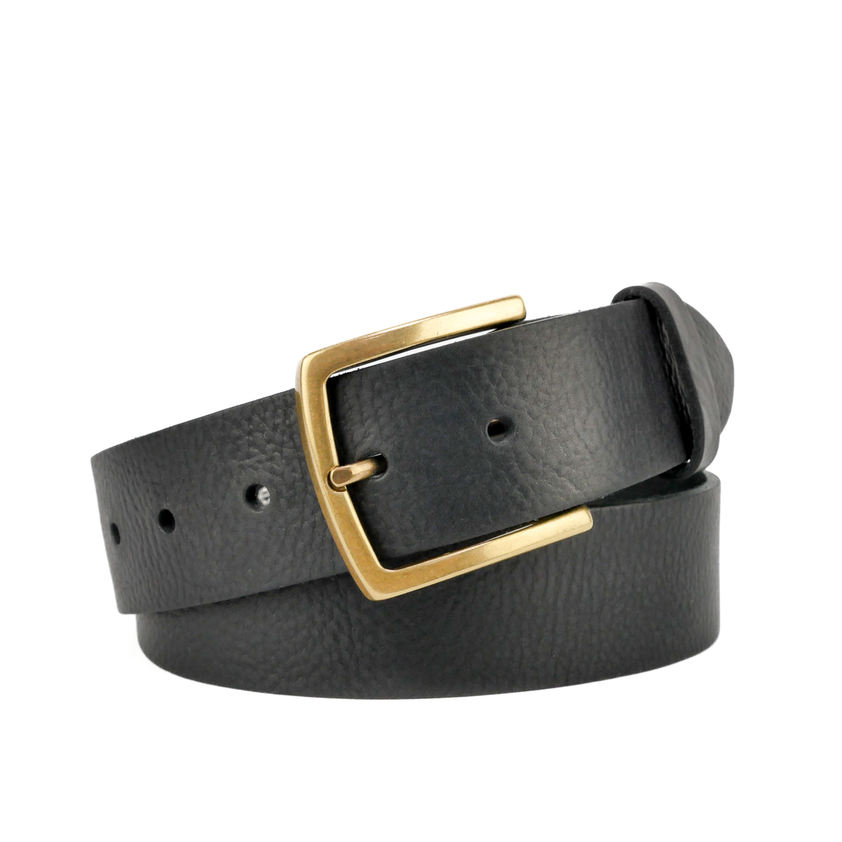 Close detail of a black leather belt strap and buckle