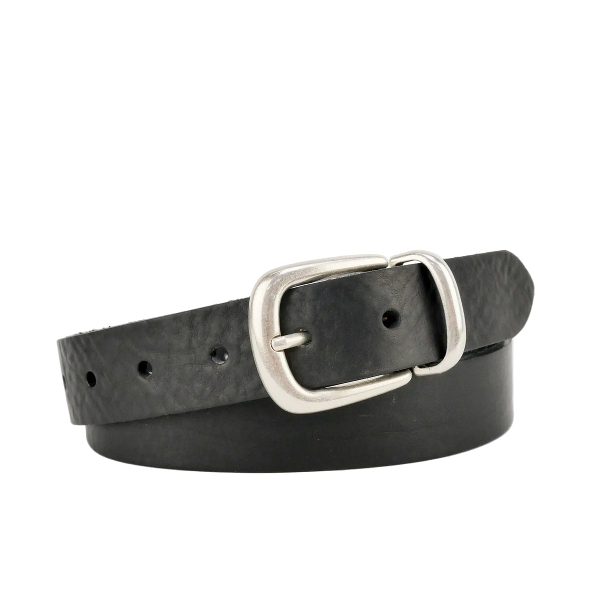 Picture of black leather belt with buckle ideal to wear with a suit.