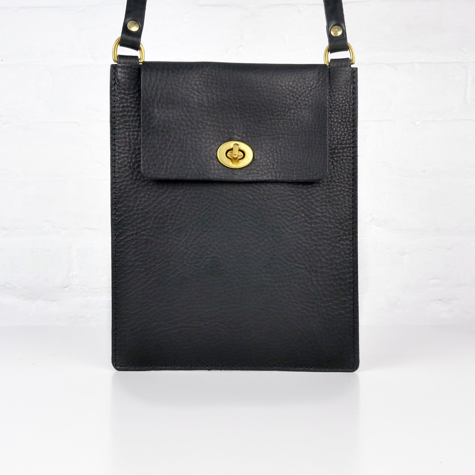 Flat Black Leather Turnlock Bag