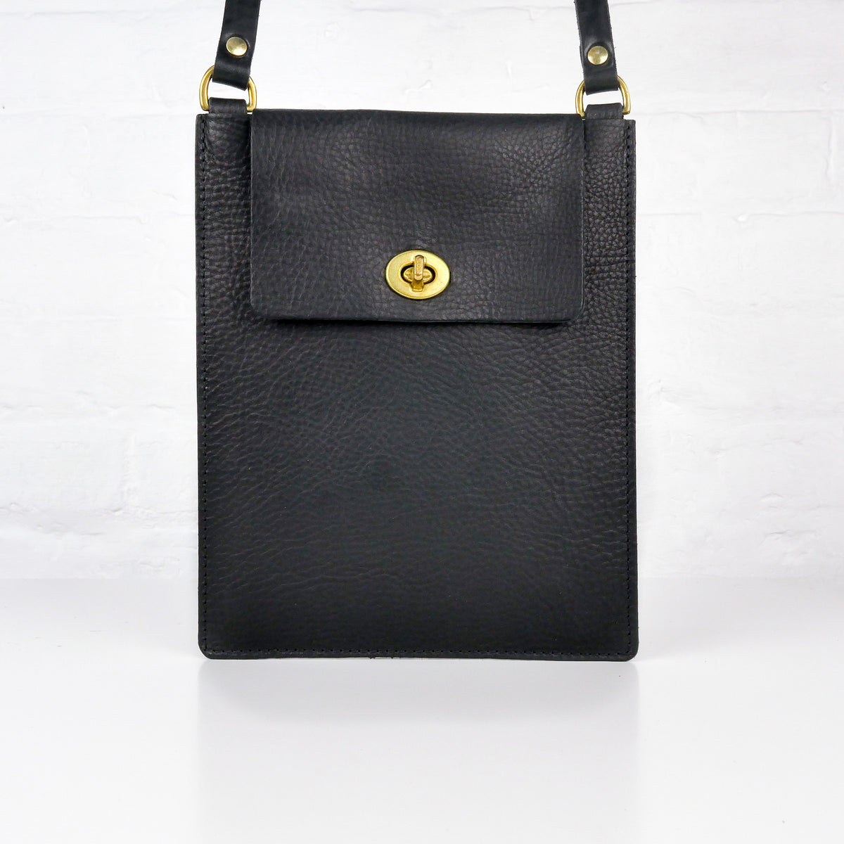 Flat Black Leather Turnlock Bag