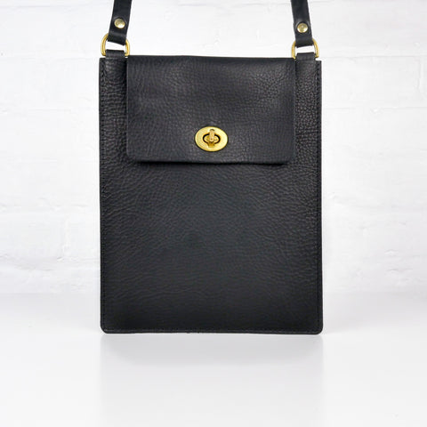 Flat Black Leather Turnlock Bag