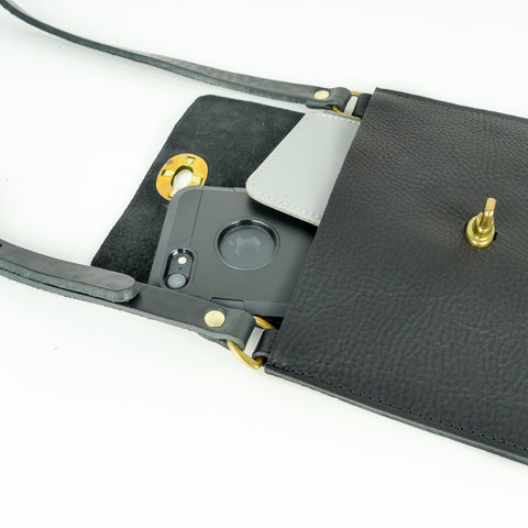 Flat Black Leather Turnlock Bag