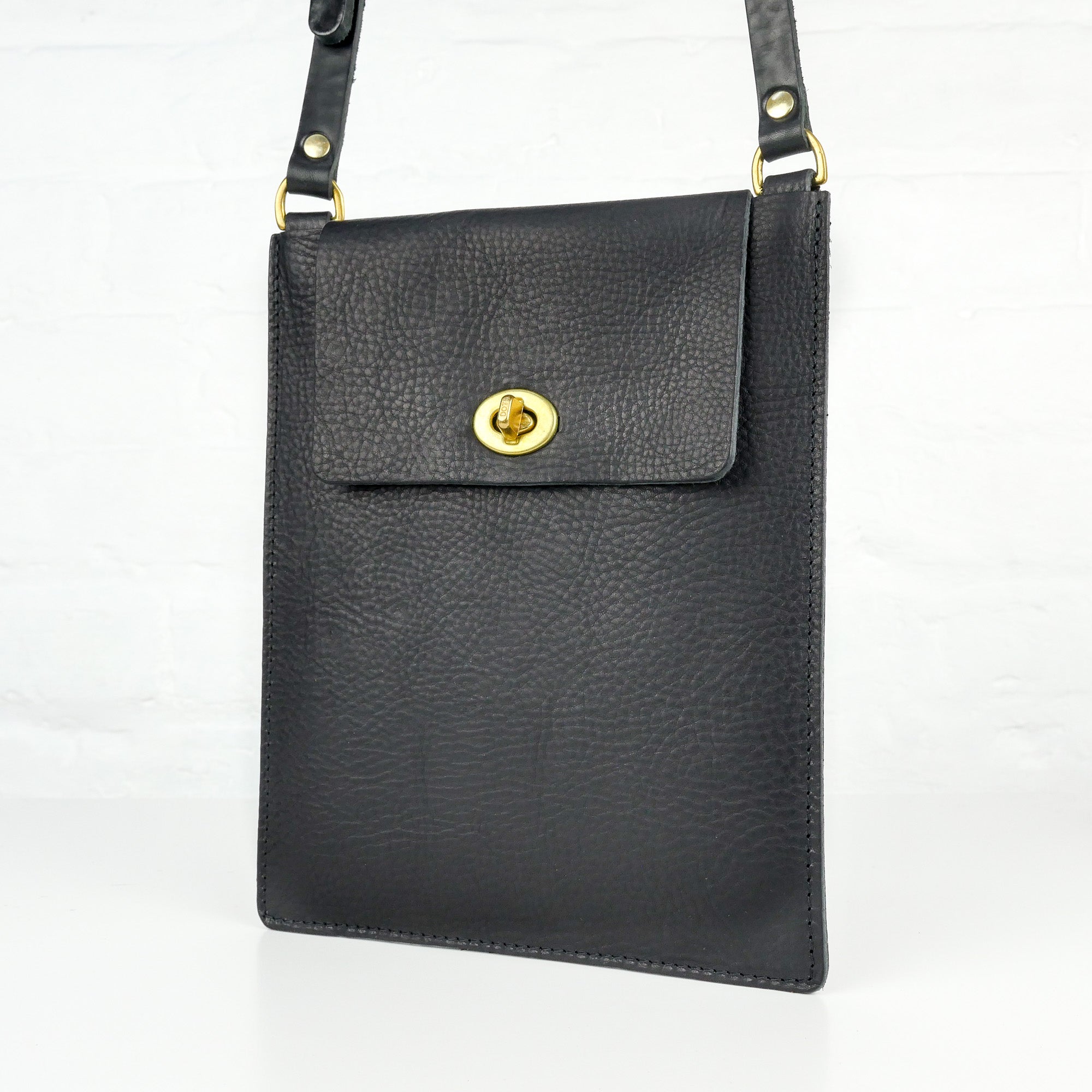 Flat Black Leather Turnlock Bag