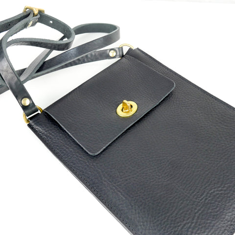 Flat Black Leather Turnlock Bag