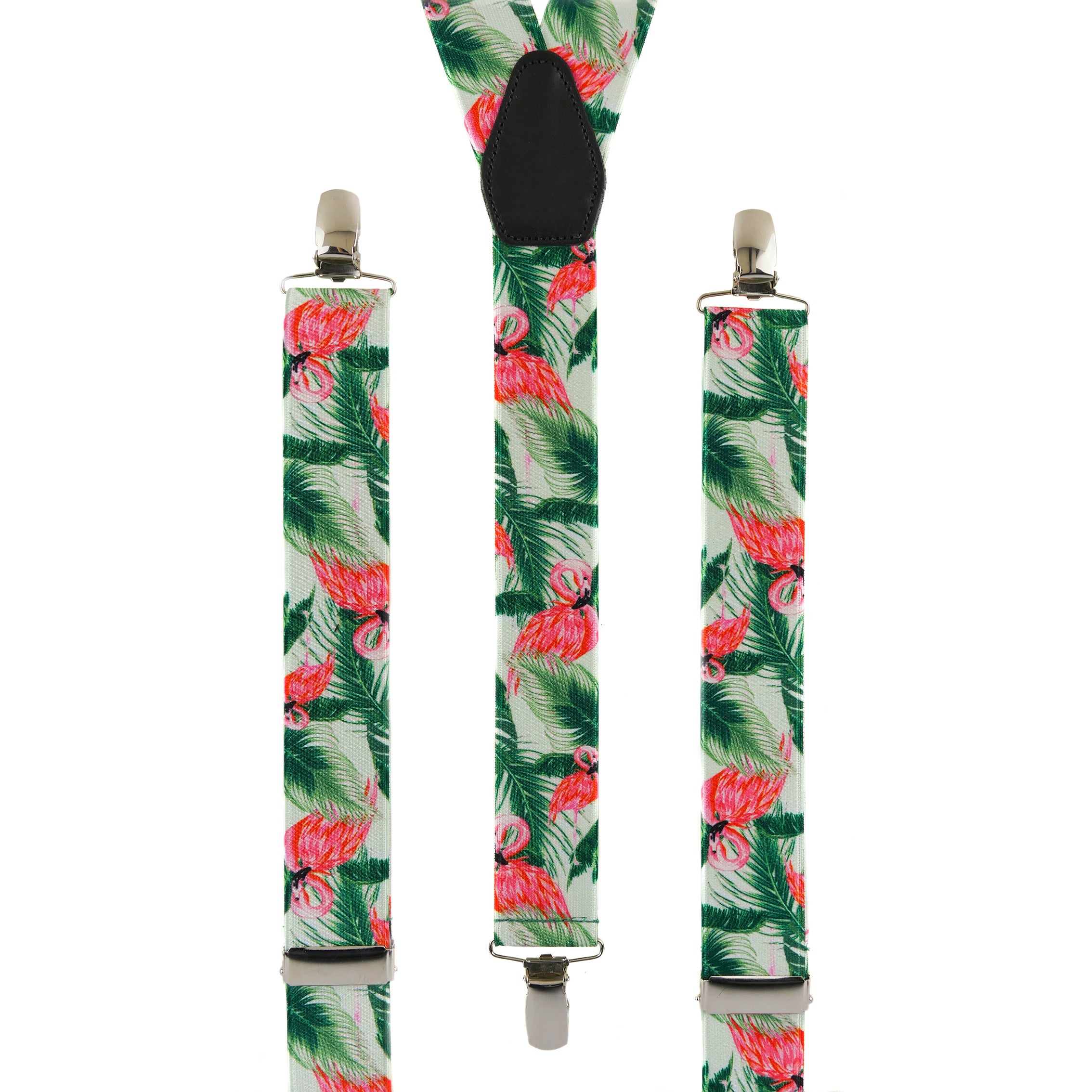 Handmade Trouser Braces, they have a soft satin finish and have a bright, tropical Flamingo Pattern.