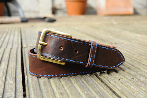Brown Leather Belt with Blue Stitching | 1 1/2" Wide | 39" - 42"