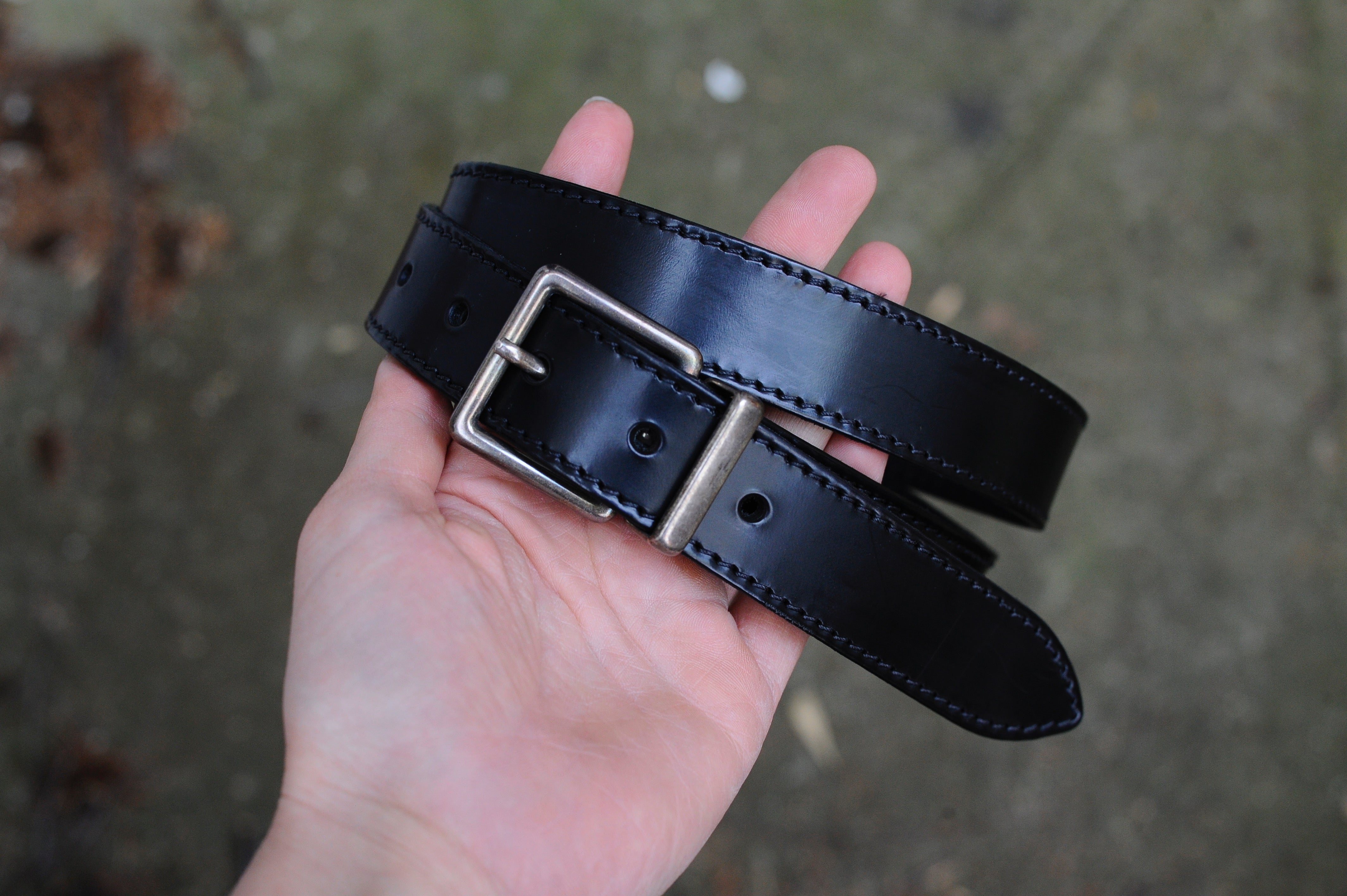 Gloss Black Leather Belt with Stitching | 1 1/8" Wide | 30" - 33"