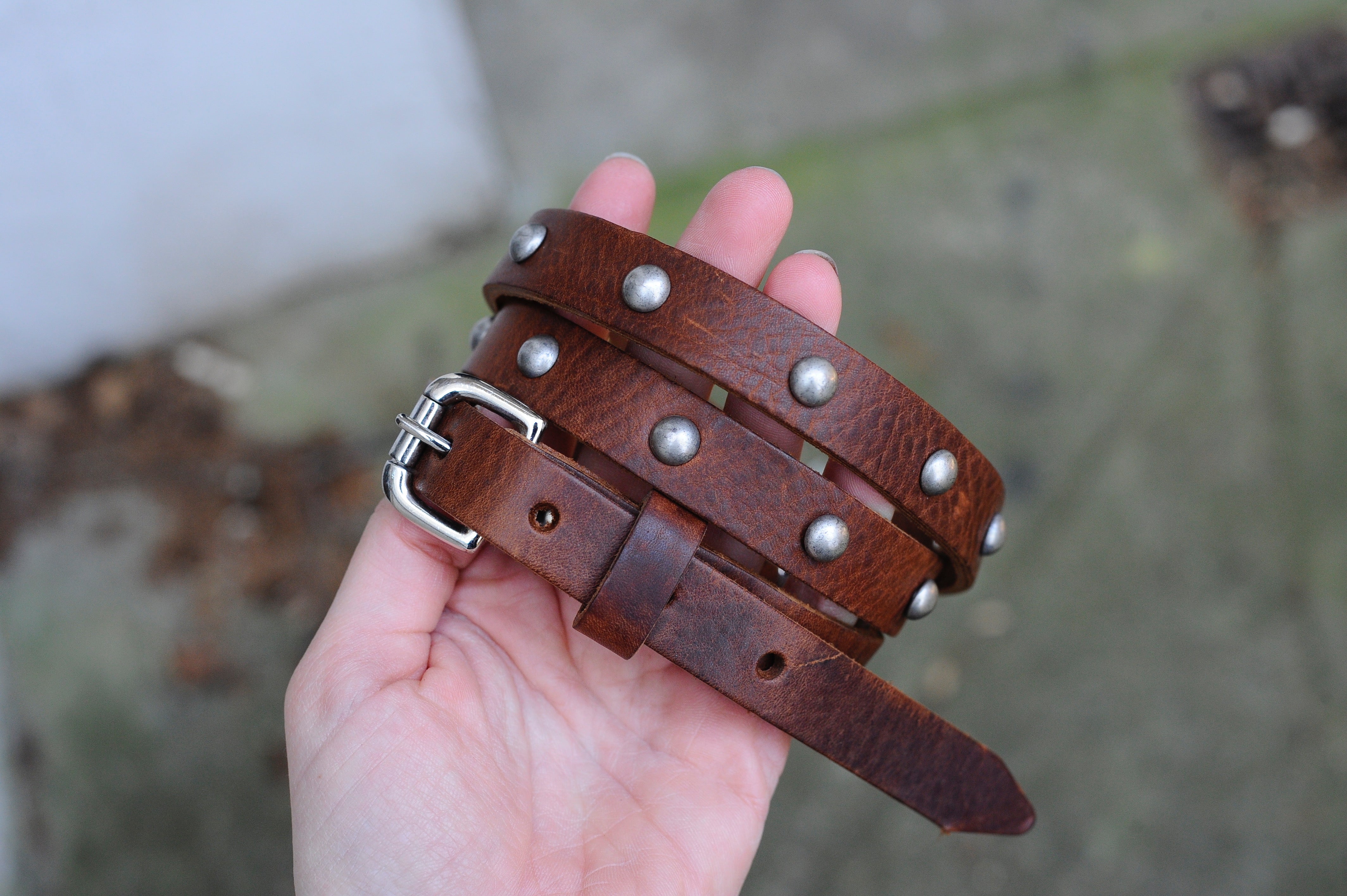 Brown Leather Belt with Silver Studs | 3/4" Wide | 36" - 39"