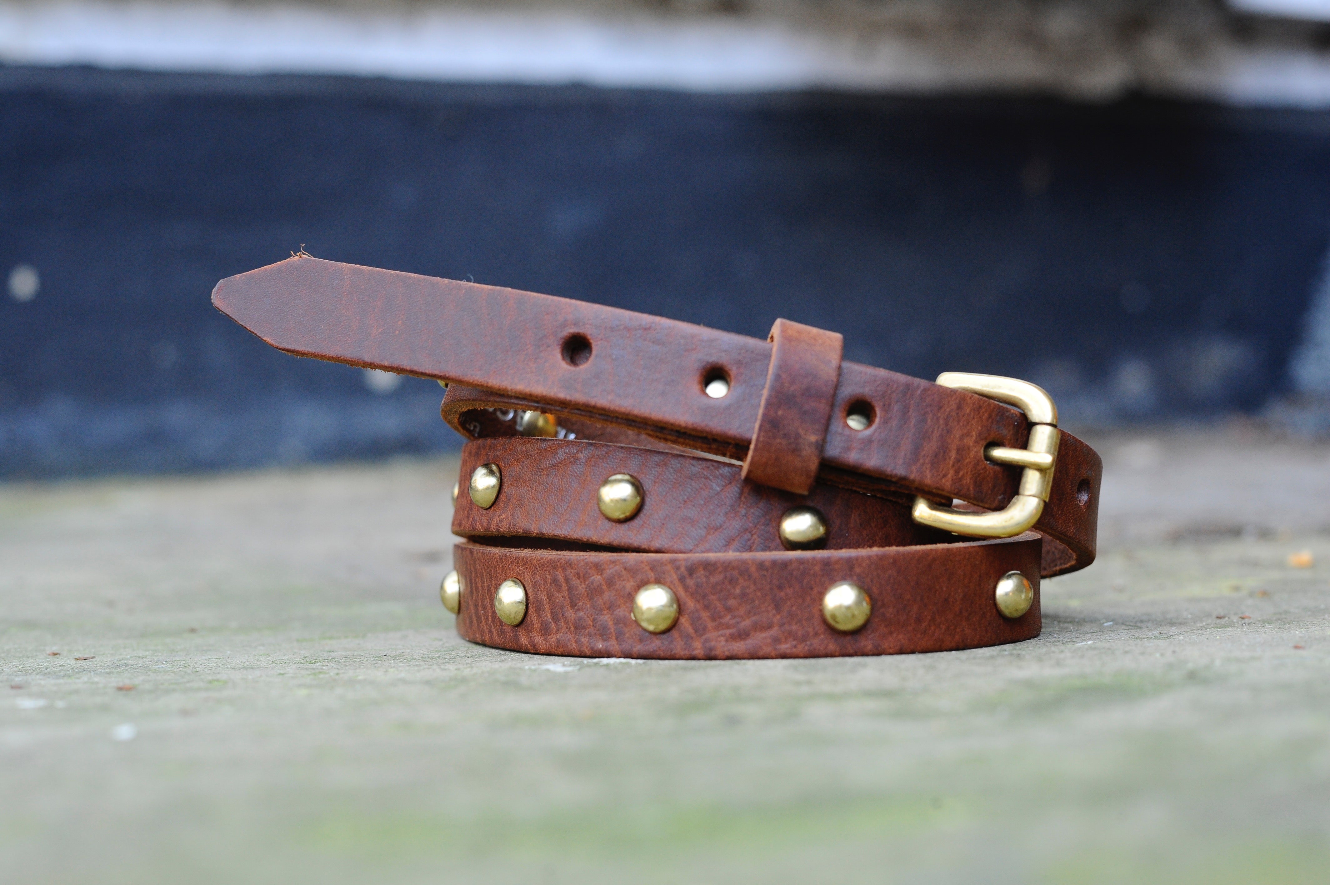 Brown Leather Belt with Gold Studs | 3/4" Wide | 36" - 39"