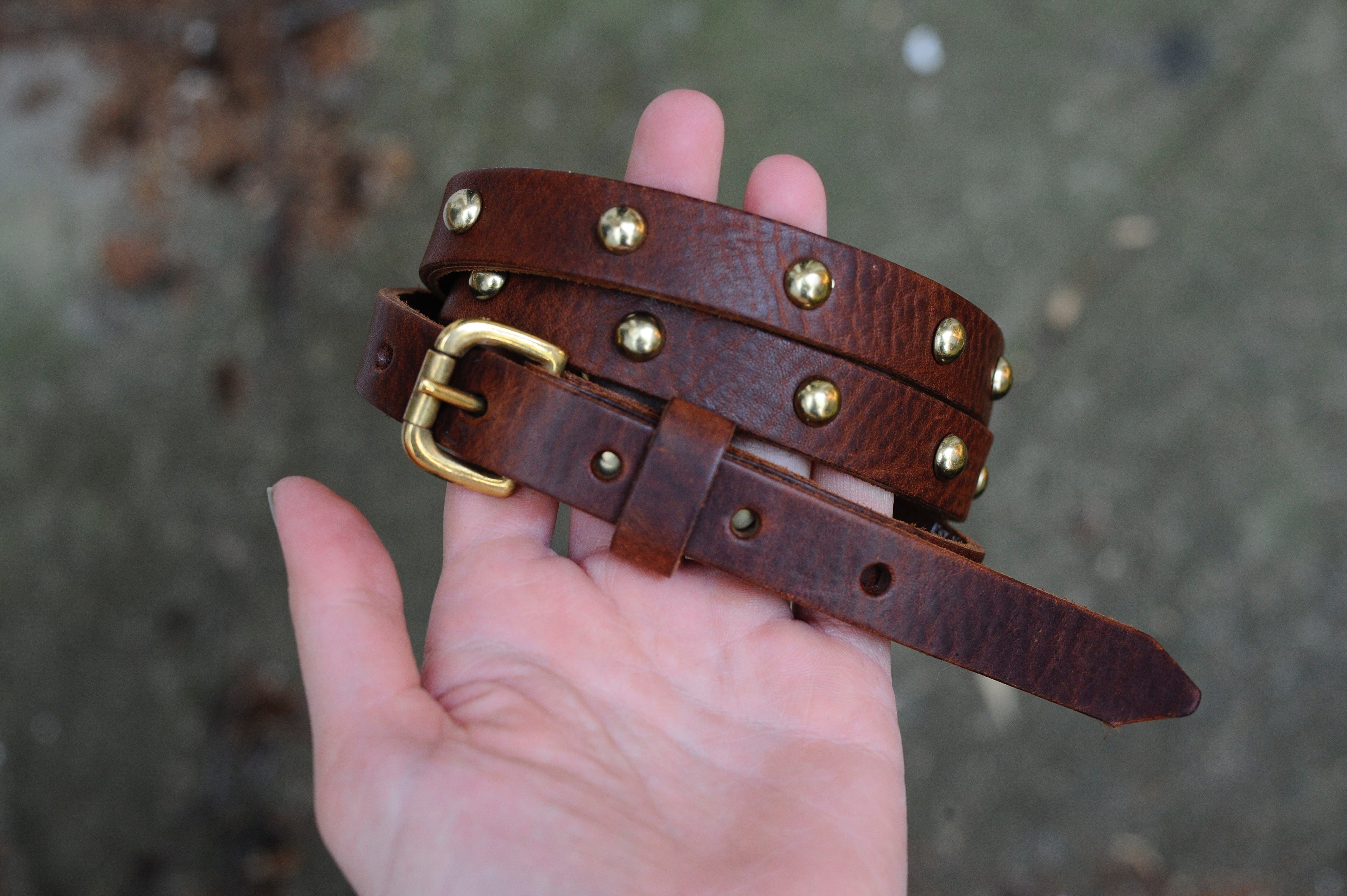 Brown Leather Belt with Gold Studs | 3/4" Wide | 36" - 39"