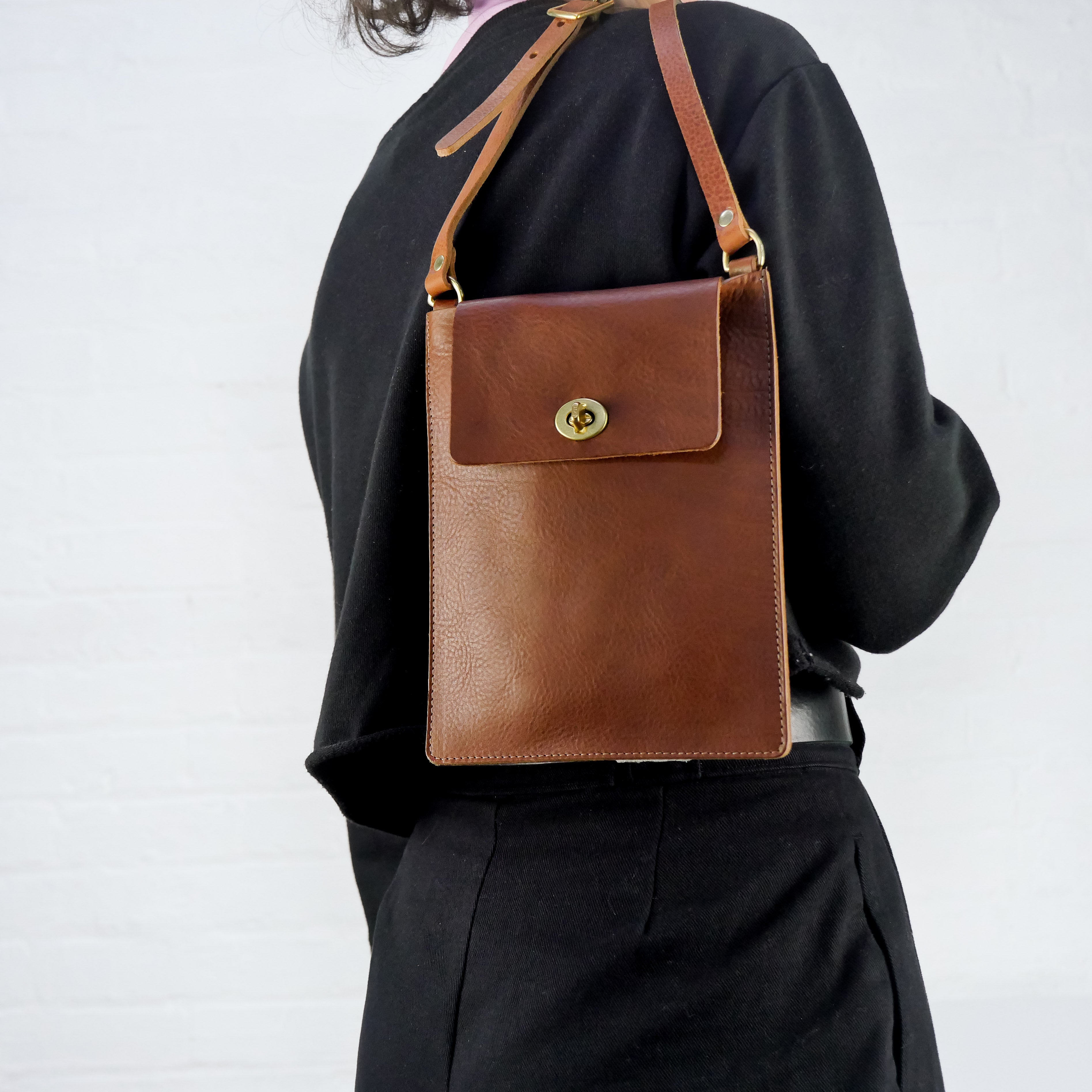 Flat Tan Leather Turnlock Bag