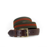 Leather Trimmed Elasticated Webbing Belt Green and Rust