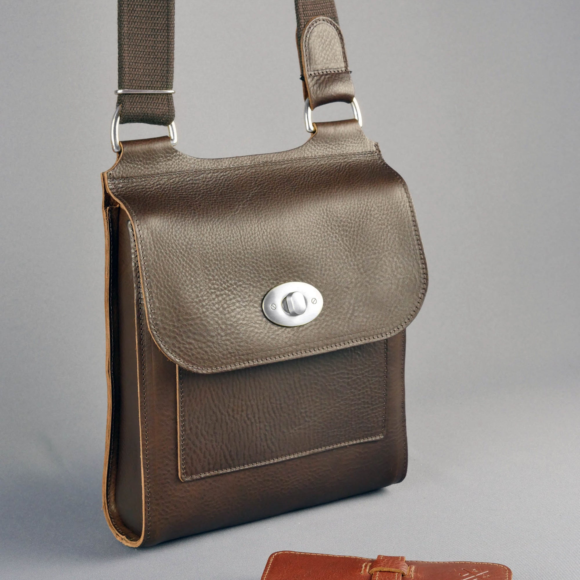 Brown Leather Turnlock Shoulder Bag