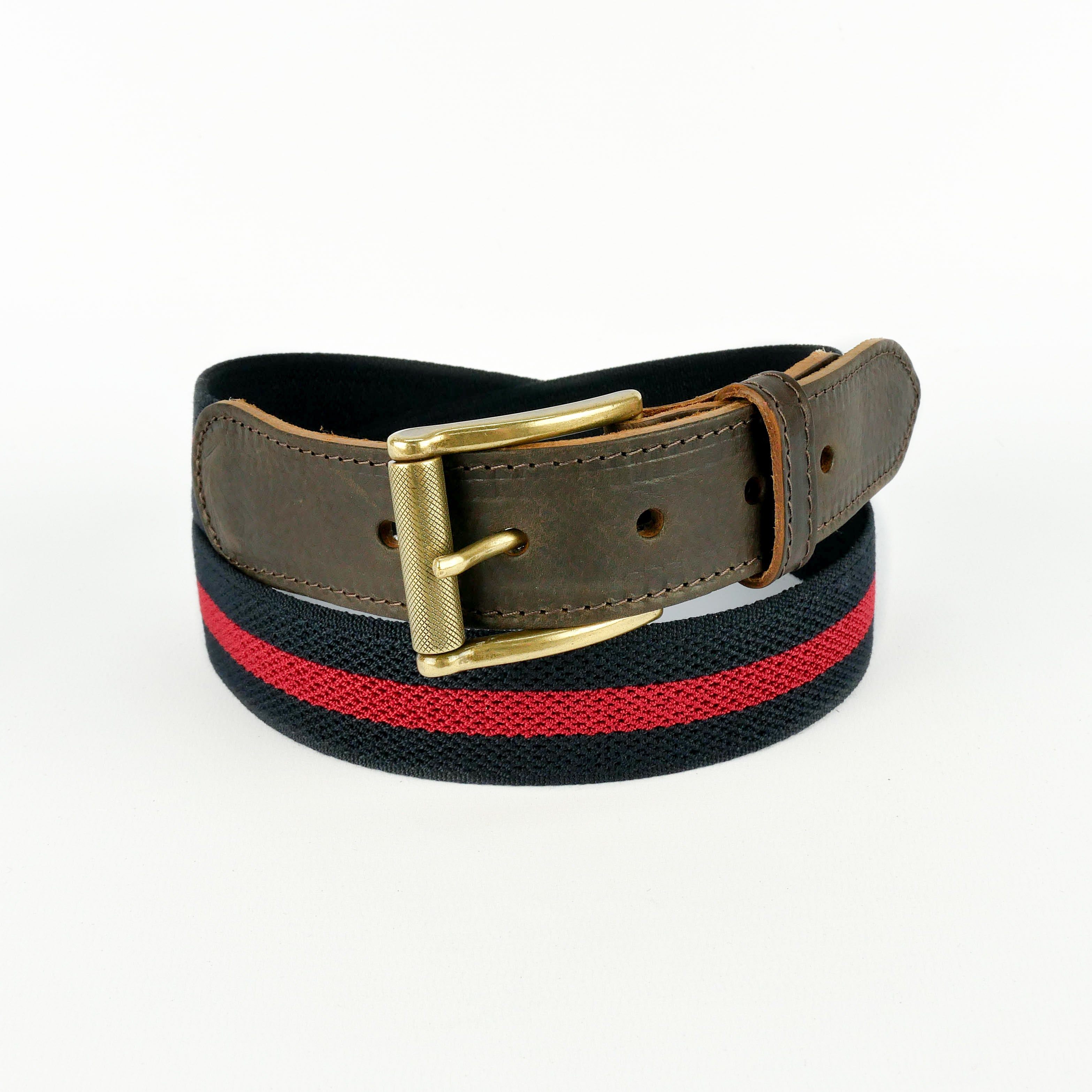 Leather Trimmed Elasticated Webbing Belt Navy and Red